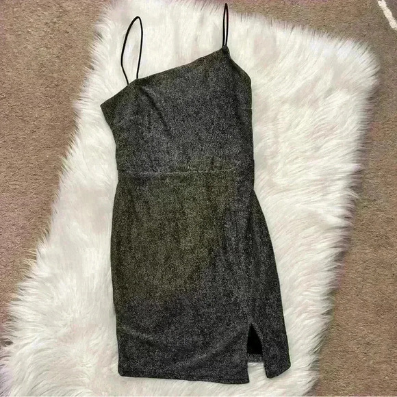 Lulus Take Me Anywhere Silver Sparkly Asymmetrical Bodycon Mini Dress Small - Picture 4 of 10